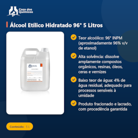 Segunda imagem do produto Álcool Etílico Hidratado 96° 5 Litros