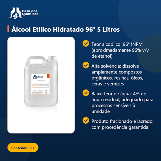 Segunda imagem do produto Álcool Etílico Hidratado 96° 5 Litros