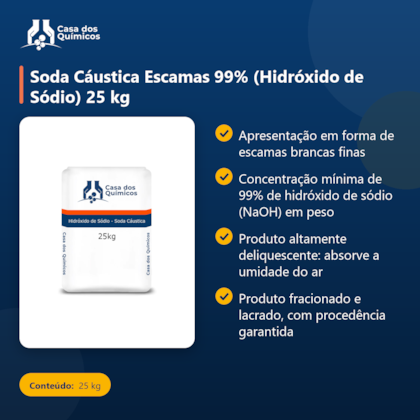Segunda imagem do produto Soda Cáustica Escamas 99% (Hidróxido de Sódio) 25 kg